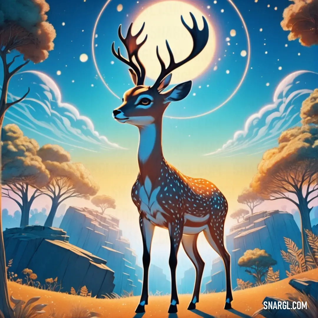 A deer stands calmly in an open field, bathed in the soft glow of a full moon. The cool blue of the night sky and the silhouette of the deer create a peaceful, almost mystical scene, as if time has slowed in this serene moment.