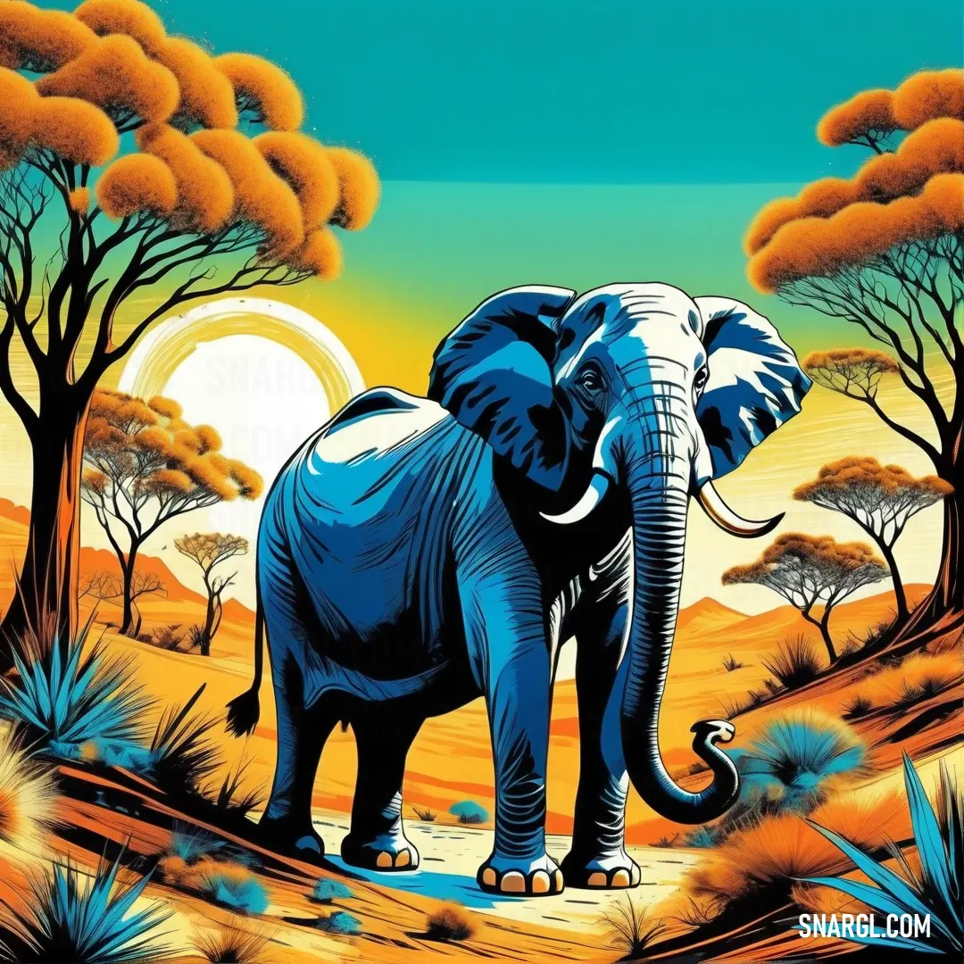 An elephant stands proudly in a desert landscape, surrounded by sparse trees and bushes. The vivid Ball Blue color contrasts beautifully with the sandy backdrop, creating a striking image of wildlife in nature.