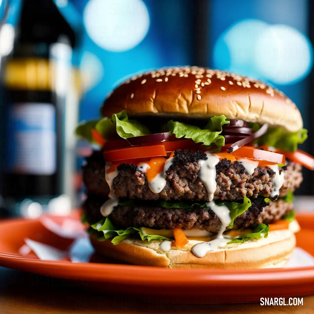 A delicious hamburger topped with lettuce, tomato, and cheese, placed on a plate with a bottle of wine in the background. The colors and textures create a perfect balance of freshness and richness.