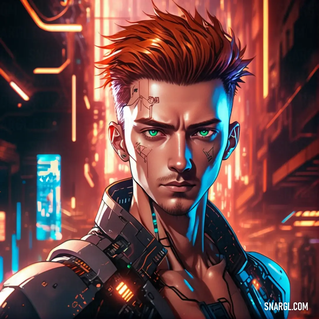 A man with a sci-fi haircut and facial piercings stands in a futuristic city, surrounded by glowing lights and high-tech buildings. His piercing gaze and bold style fit seamlessly into the advanced world around him.