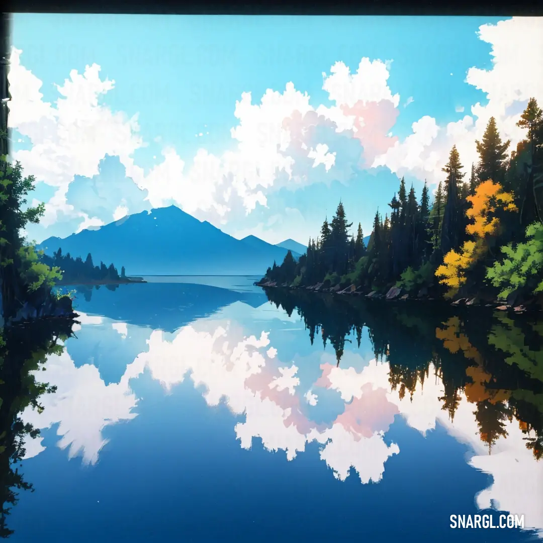 A serene lake reflects the sky, with lush green trees framing the view. The clouds above add depth and texture to the tranquil scene, while the soft CMYK 84,17,0,20 color adds to the peaceful mood.