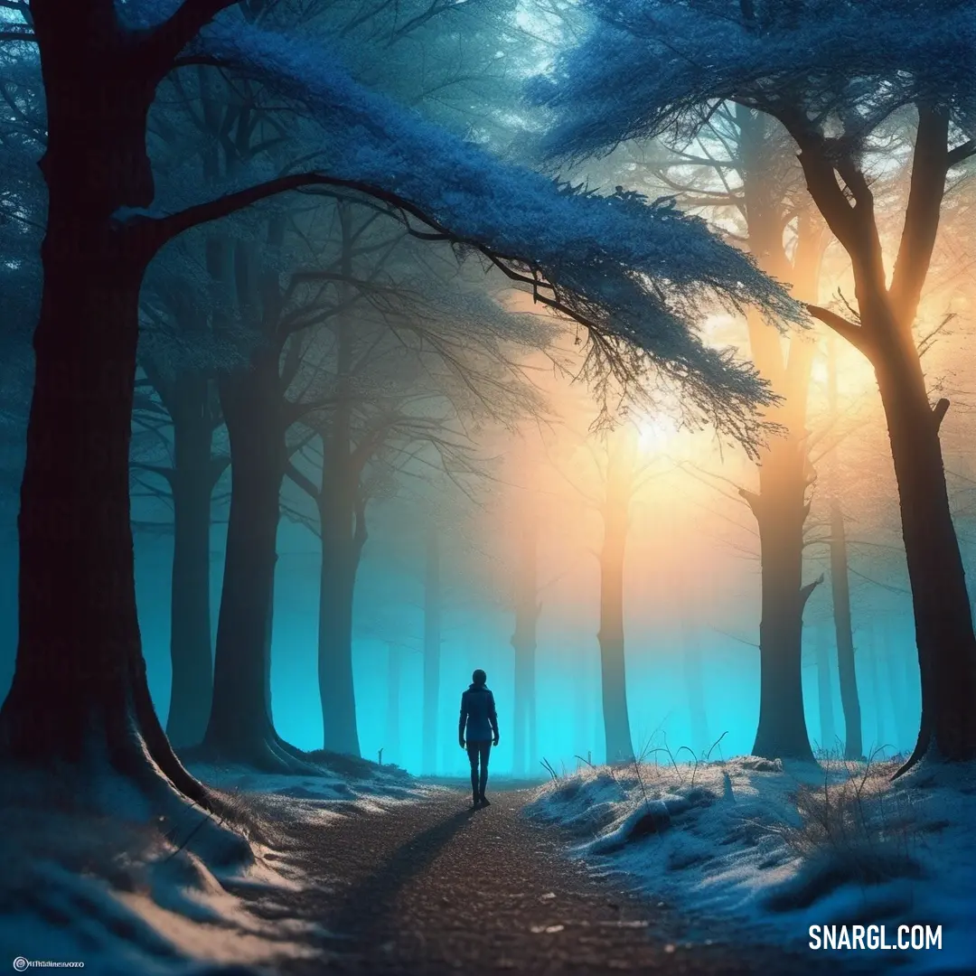 A lone figure walks down a snow-covered path in a forest at night. Sunlight filters through the trees, casting long shadows across the snowy ground. The soft glow of the sun and the peaceful surroundings create a calm and quiet moment in the woods.