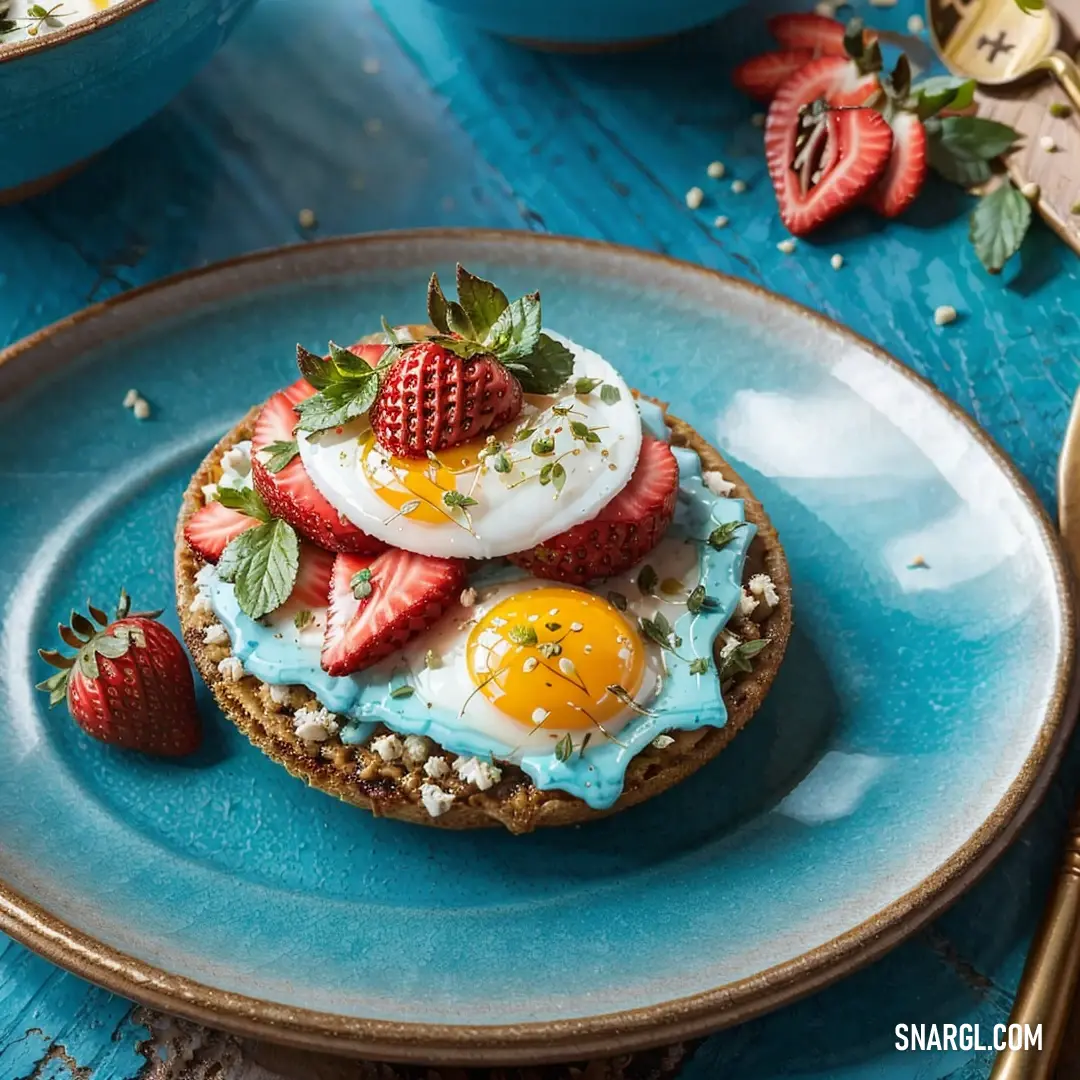 A pastry topped with strawberries, alongside a plate of eggs and a bowl of fresh strawberries. The soft pastel tones of the dish create a warm, inviting atmosphere for a breakfast treat.