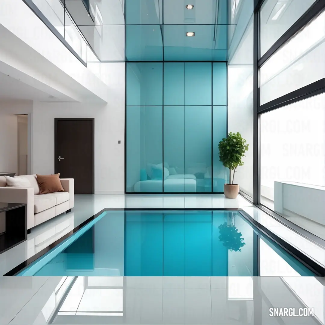 Pool in a room with a couch and a window in it. Example of Ball Blue color.