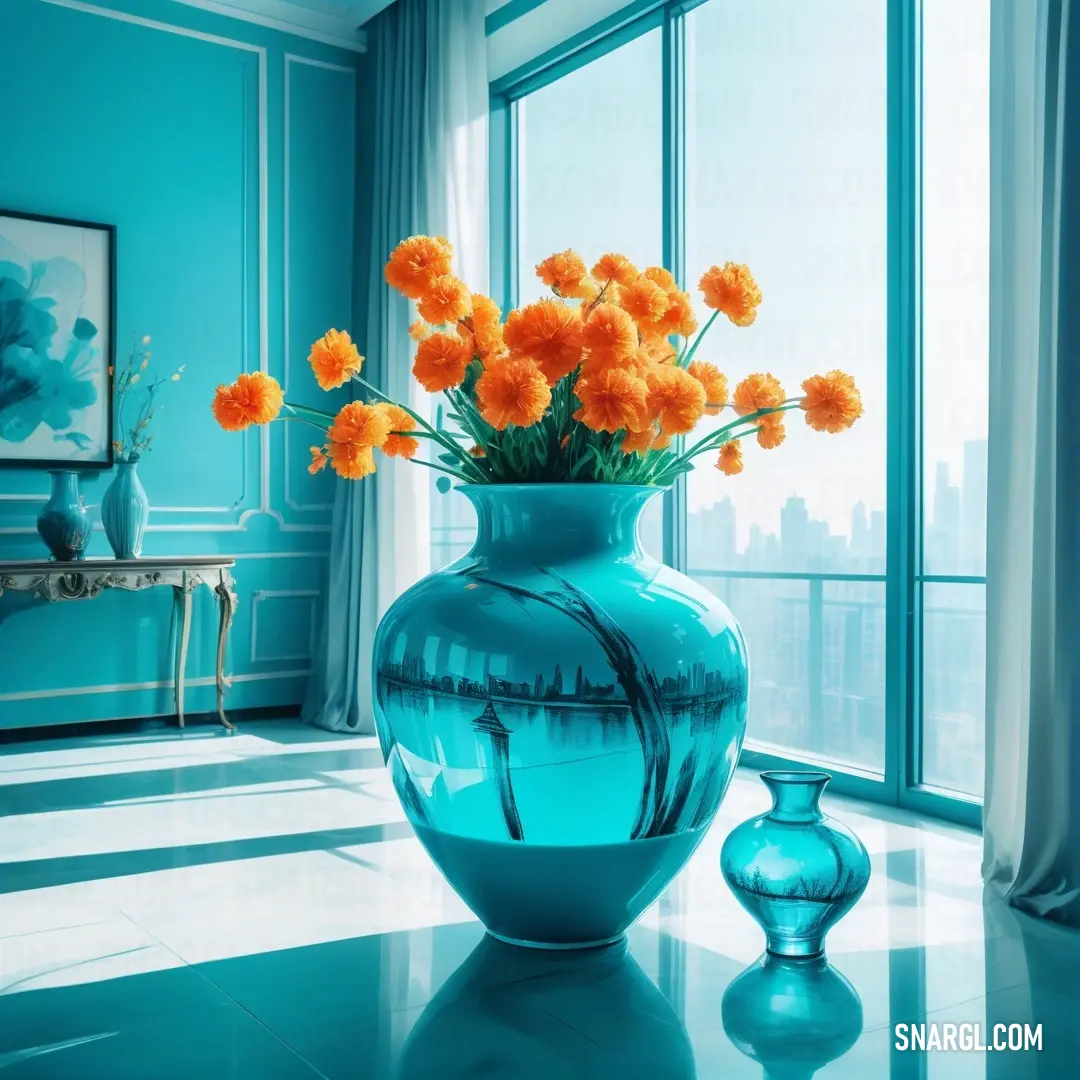 Vase with orange flowers in it on a table next to a window with a view of a city. Color CMYK 84,17,0,20.