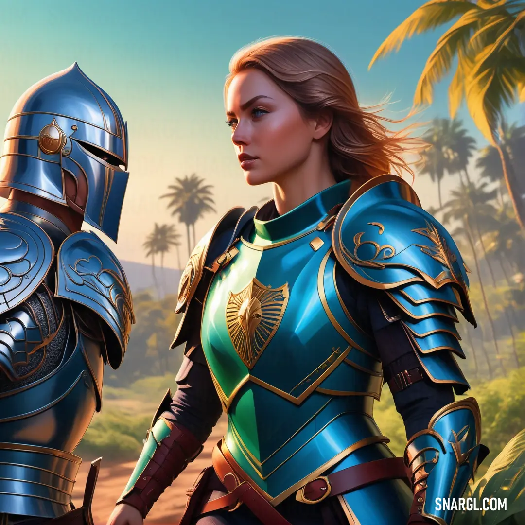 A woman in shining blue armor stands confidently next to a man in a green suit, both framed against a tropical landscape with a palm tree swaying in the background. Their contrasting outfits suggest a partnership forged in adventure and unity.