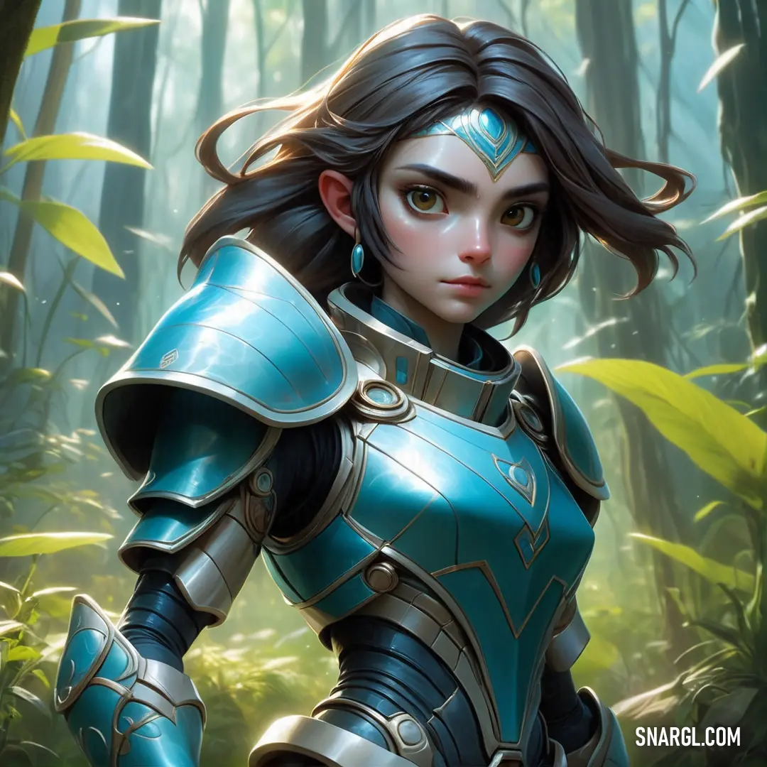 A woman in a deep blue suit stands confidently in a forest, holding a sword in one hand and wearing a sleek helmet. Her posture exudes strength and determination, with sunlight filtering through the trees to highlight her powerful stance.