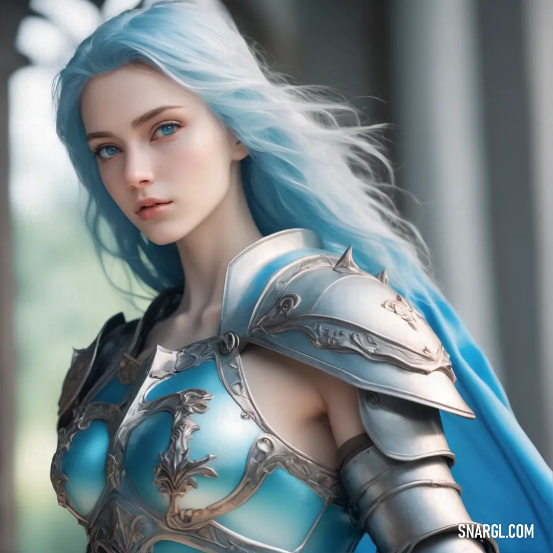 A woman with striking blue hair and a flowing blue cape stands tall in full armor, holding a sword in her hand. The armor gleams, reflecting the intensity of the moment, as if she’s ready to take on whatever challenge lies ahead.