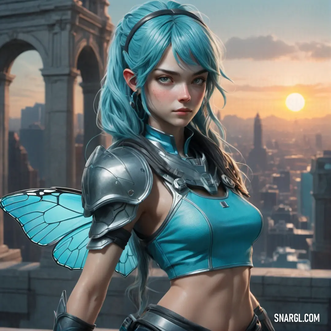 Woman with blue hair and a butterfly wings outfit in front of a cityscape with a sunset