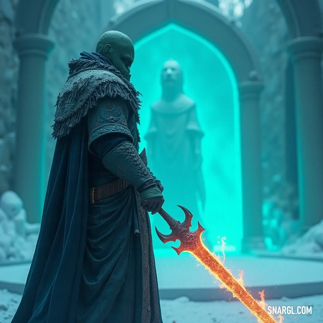 A solitary figure in a striking costume stands firm in a snowy landscape, sword in hand, accompanied by a distant statue, embodying the spirit of resilience against the serene yet daunting backdrop. In an otherworldly snowy expanse, a figure adorned in a majestic costume grips a glittering sword, a stoic statue in the background, suggesting a mythic narrative of bravery and courage in a realm of frost.
