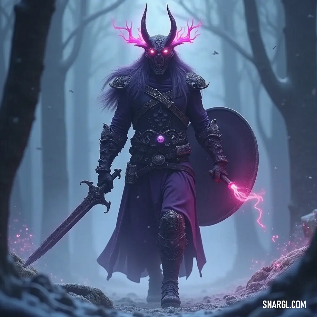 An imposing Baloth clad in a horned costume holds a sword and shield, surrounded by a forest illuminated by a glowing red light, creating an enchanting ambiance. A powerful Baloth, dressed in an intricate horned costume, stands tall in a dense forest, wielding a sword and shield; their vivid glow radiates intensity, as the surrounding nature is awash in an ethereal red light.