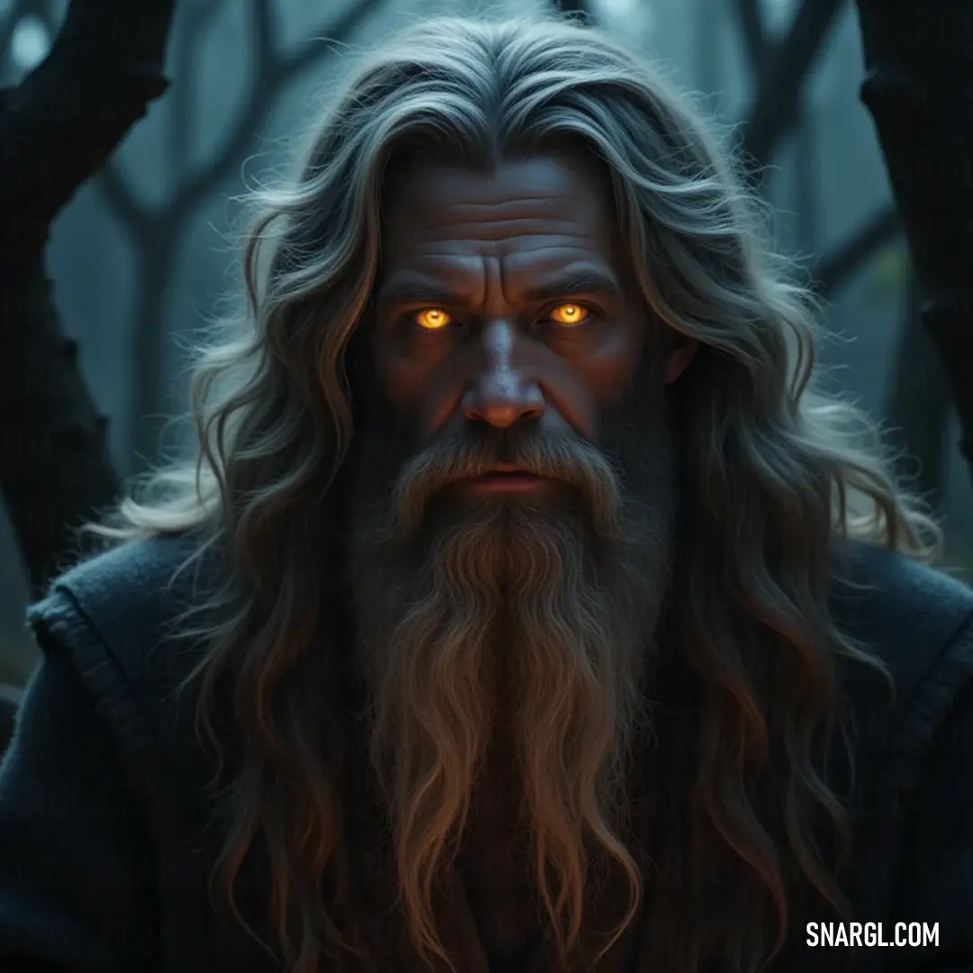 Balthazar, with his long flowing hair and striking beard, stands amid a mystical forest. His glowing eyes reflect the enchanting light filtering through the branches, hinting at the secrets and powerful magic that thrive in the depths of the trees.