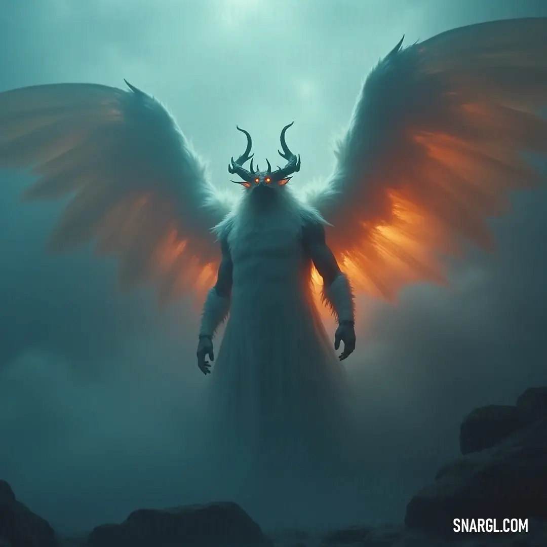A mythical figure with glowing wings spreads their arms in the fog, portraying an aura of mystique and splendor as they command the ethereal darkness around them. A mysterious figure with sweeping wings and pronounced horns stands amidst swirling fog, arms spread wide, emitting an ethereal glow against the obscured twilight surroundings.