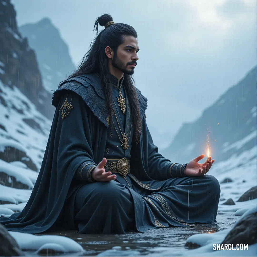 Balthazar in a black robe stands on a snowy rock with a candle in his hand, creating a mystical scene amidst the falling snow. Balthazar, wrapped in a long black robe, stands solemnly on a snow-covered rock, a single candle illuminating his face as snowflakes drift through the cold winter air.