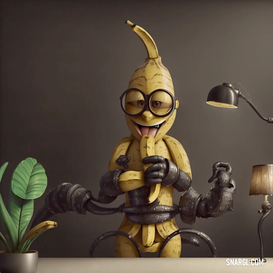 Banana character is holding a lamp and a mouse in a room with a lamp on the wall