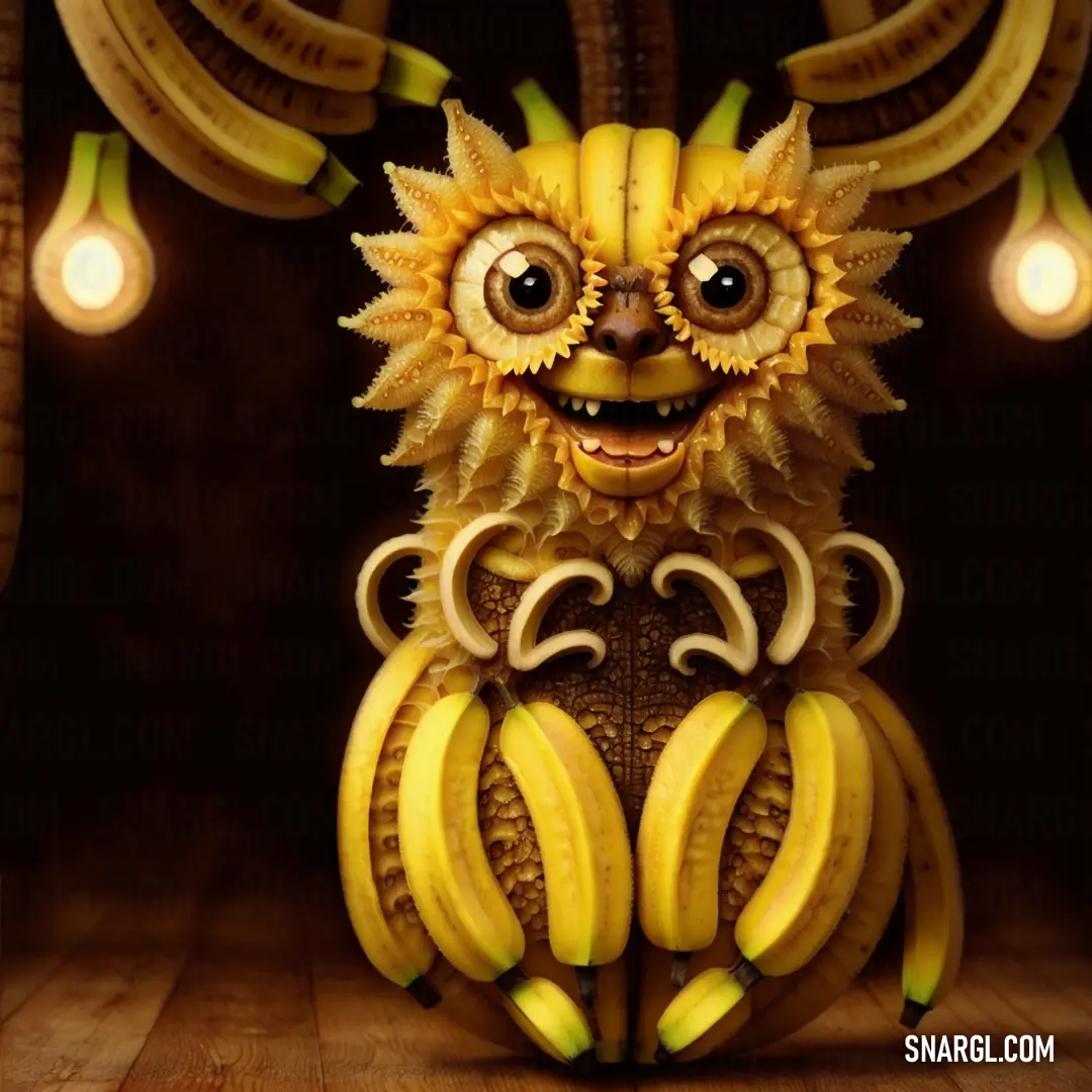 Bunch of bananas with a weird face on it's head and eyes on a table with lights