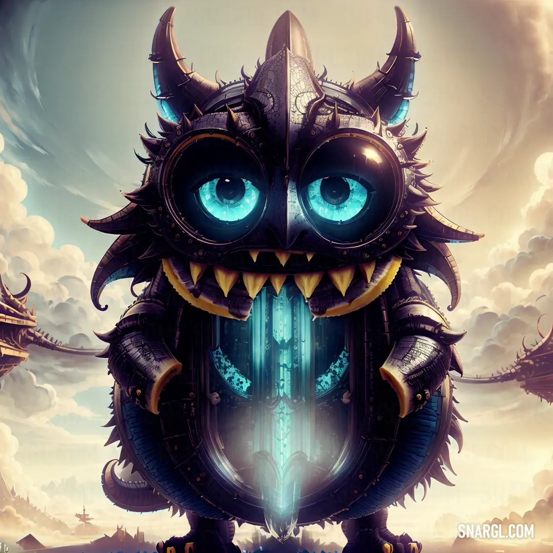 Cartoon monster with big blue eyes and a huge mouth with a sword in its mouth