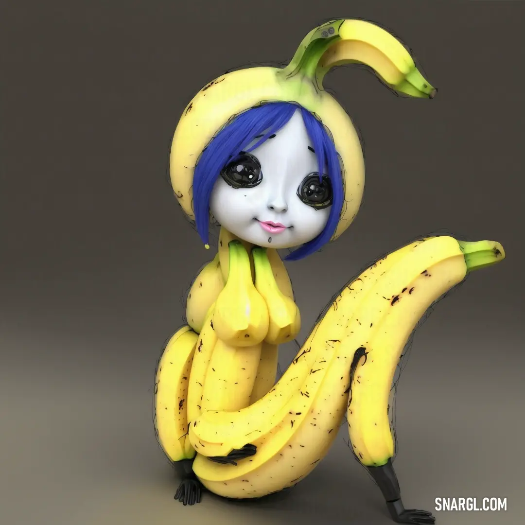 Little doll with blue hair on a banana peel with a green stem on it's head
