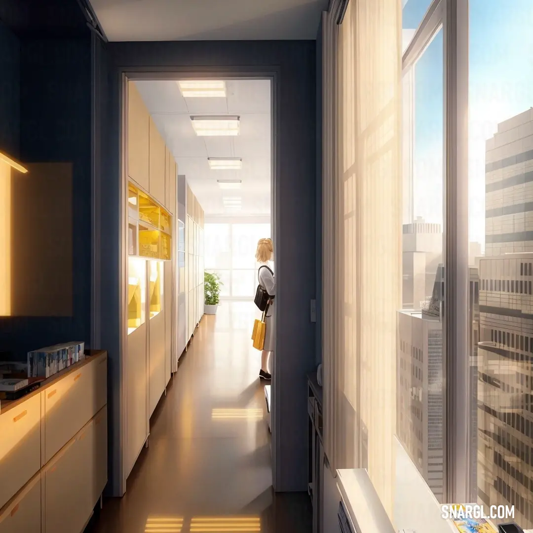 Woman is walking down a long hallway in a building with a view of the city outside the window