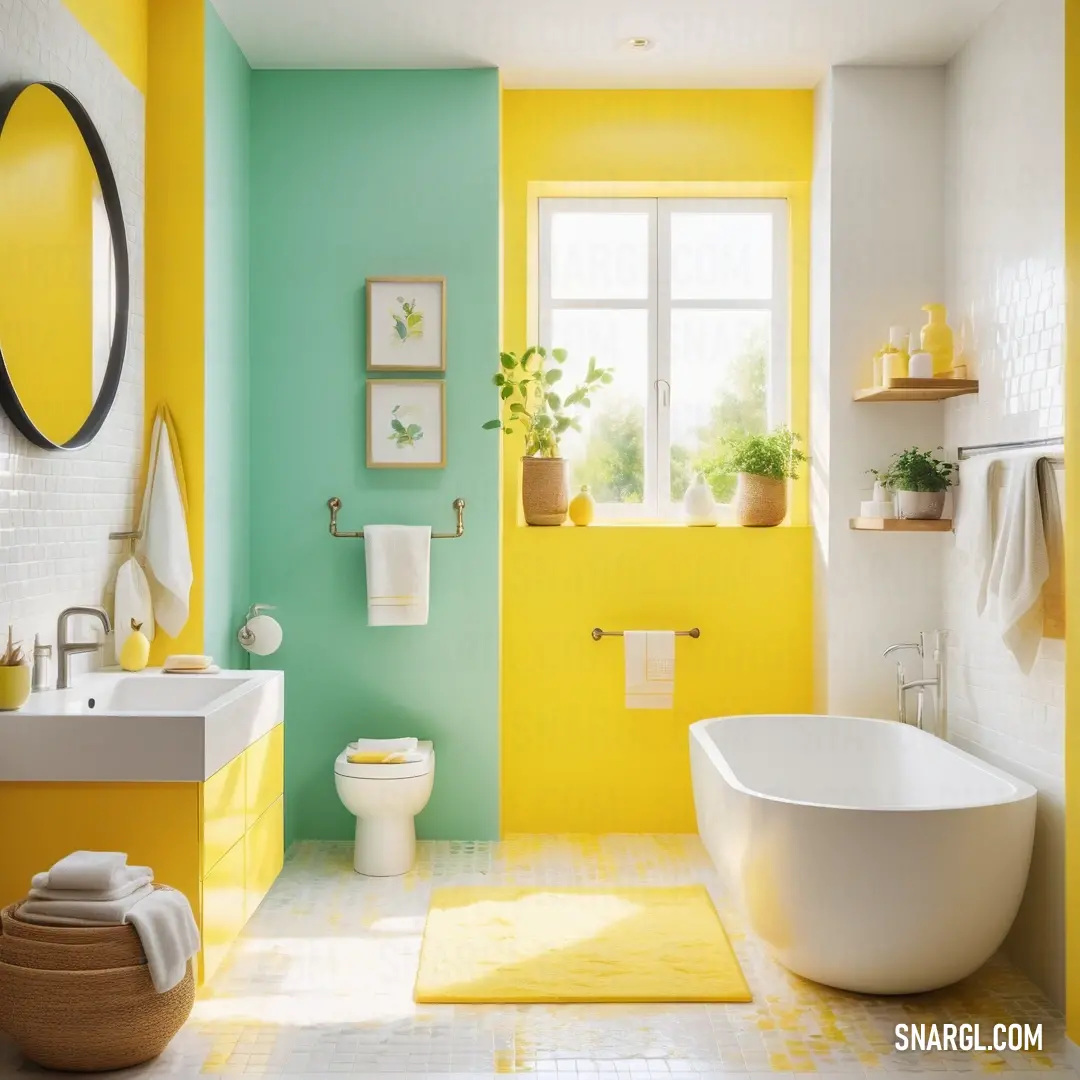 Bathroom with a yellow and green color scheme and a white tub and sink and toilet. Color Banana yellow.