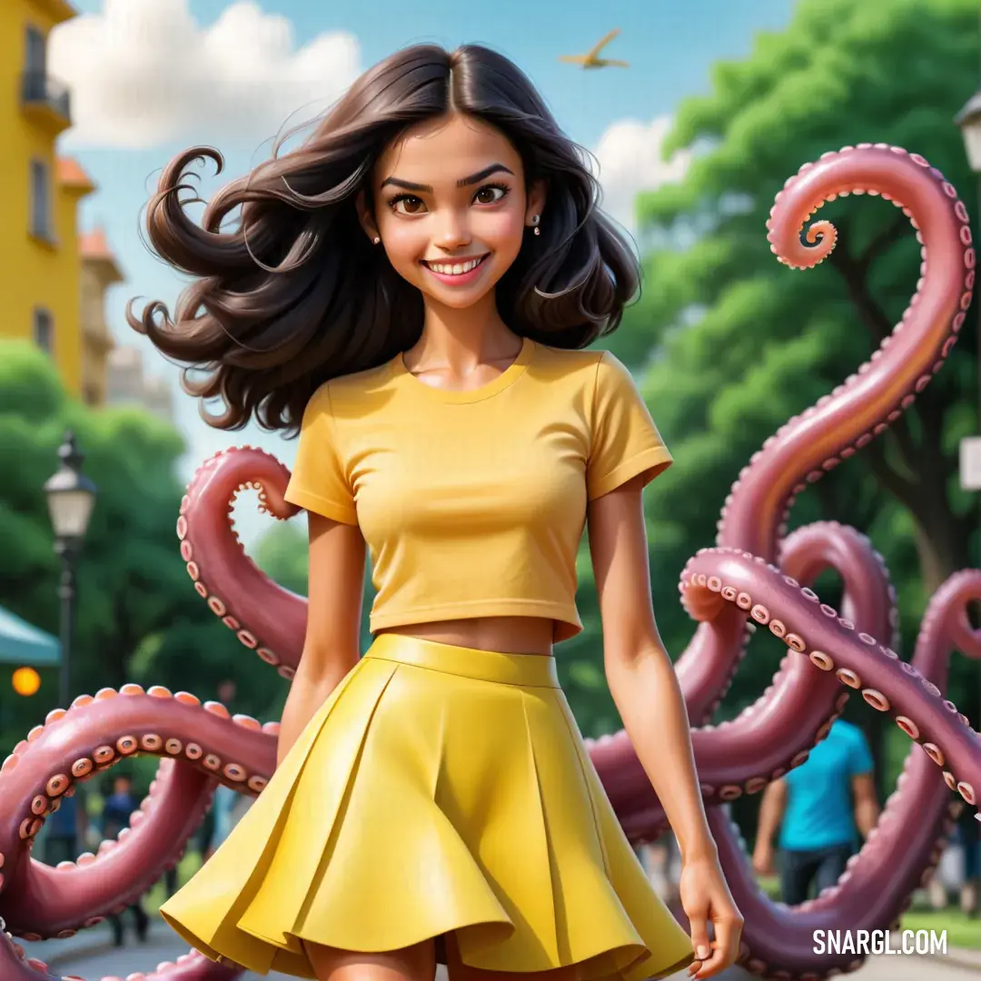 Cartoon girl in a yellow dress standing in front of a giant octopus like creature with her hair in a ponytail. Color Banana yellow.