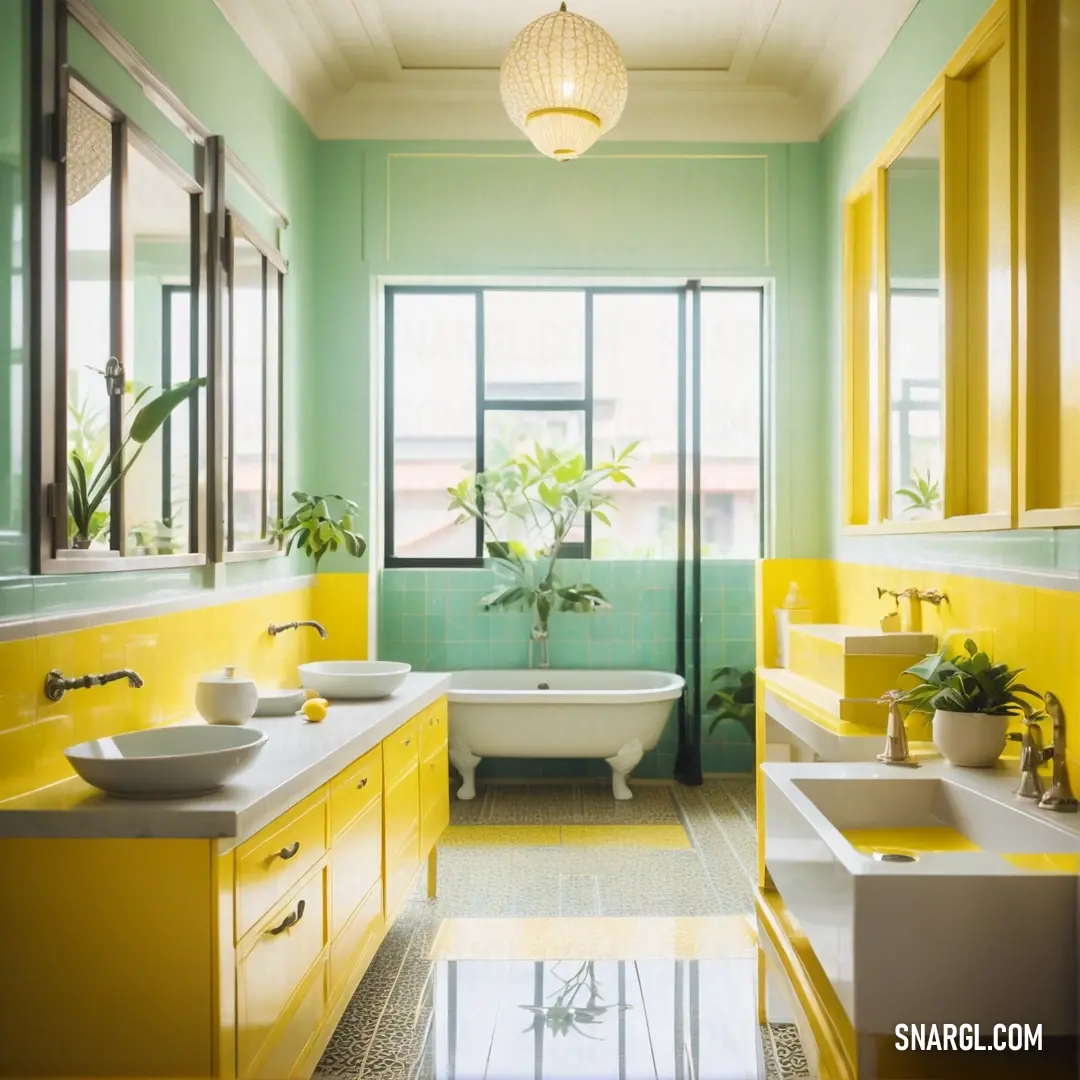 Bathroom with a tub, sink. Example of CMYK 0,12,79,0 color.