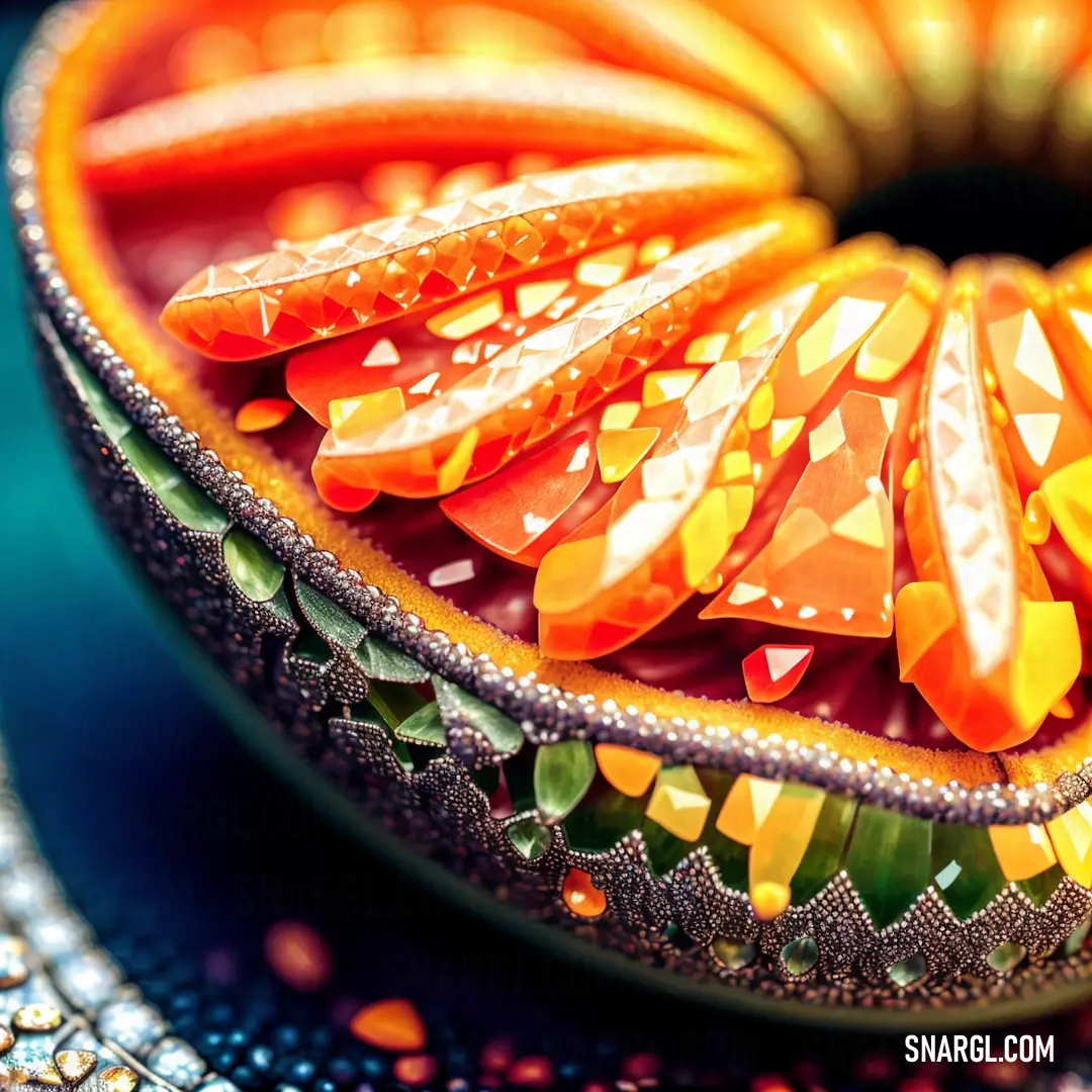 Close up of a grapefruit cut in half on a plate with a diamond border around it