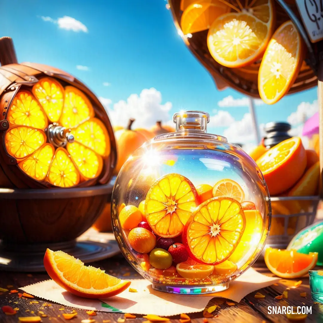 Glass jar filled with orange slices and other fruit on a table with other oranges
