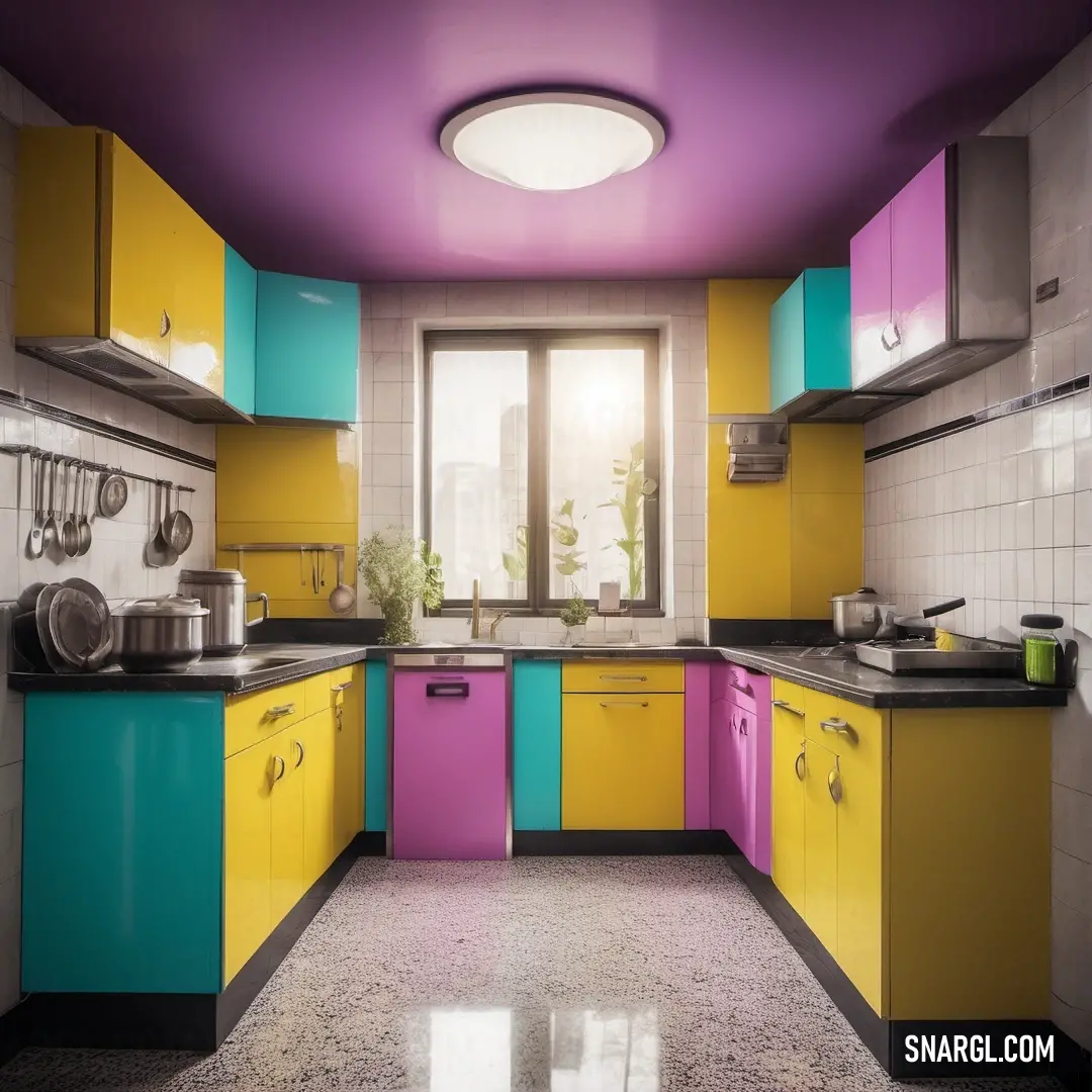 Kitchen with a lot of colorful cabinets and counters in it's center area. Color Banana yellow.