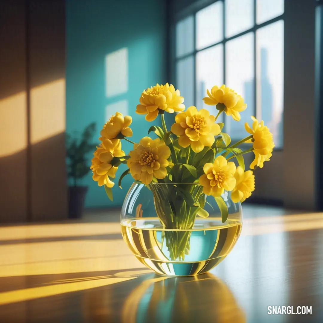 Vase filled with yellow flowers on top of a table next to a window sill. Example of #FFE135 color.