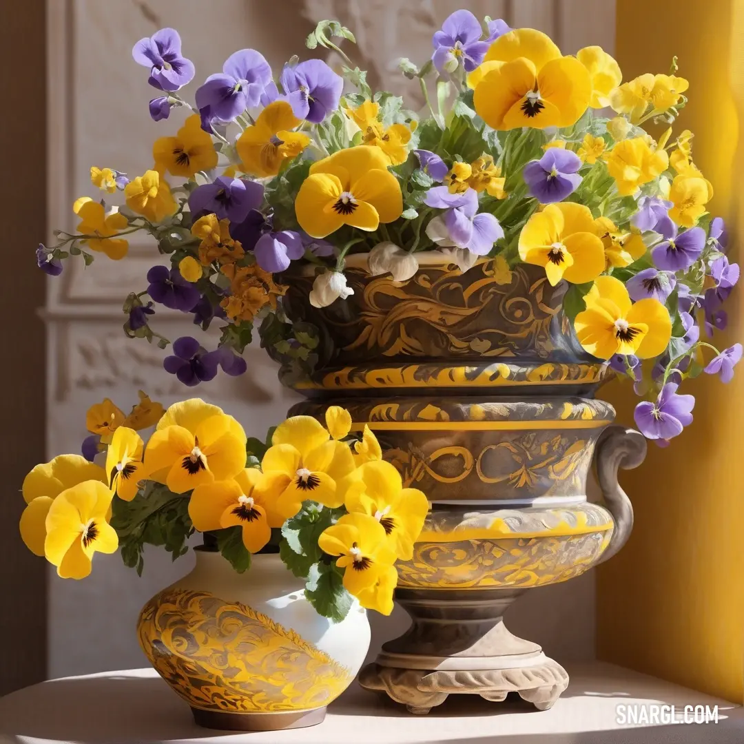 Vase filled with yellow and purple flowers on a table next to a window sill. Color Banana yellow.