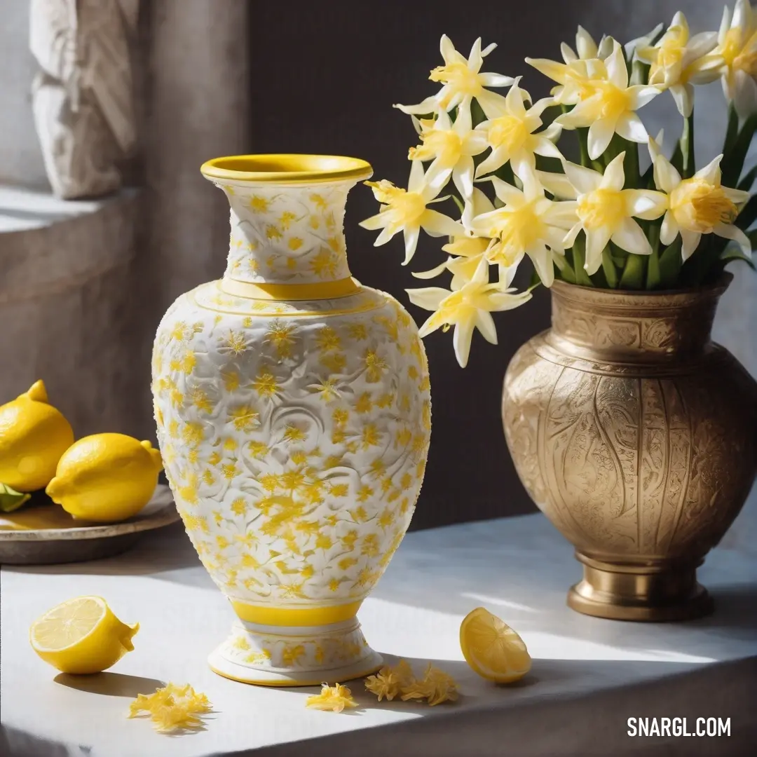 Vase with yellow flowers and a plate with lemons on a table next to it and a vase. Example of CMYK 0,12,79,0 color.