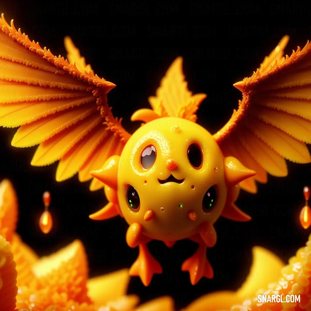 Yellow toy with a big bird like face and wings on it's head and eyes are surrounded by smaller orange objects