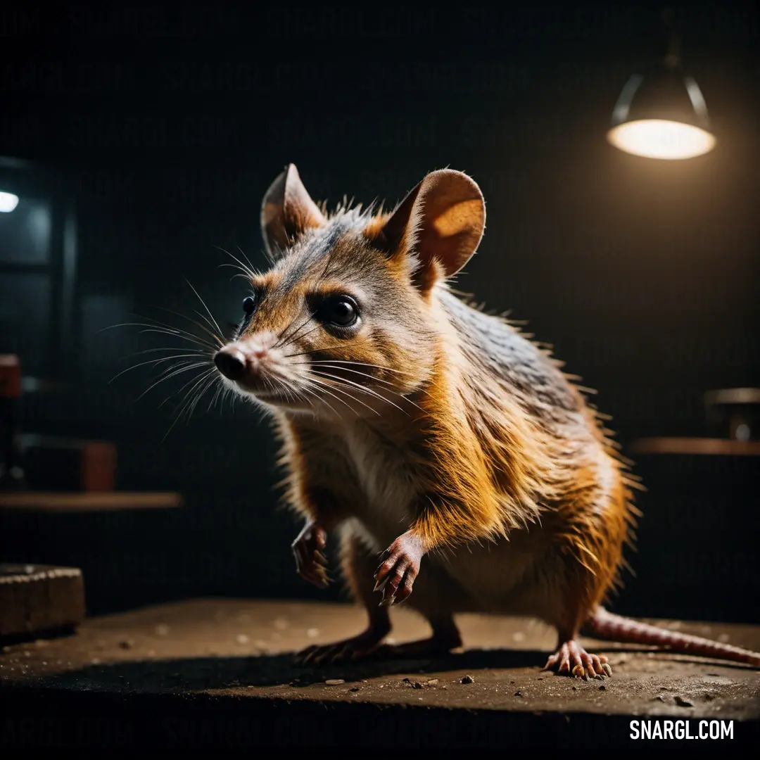 A mouse stands confidently on a table in a dimly lit room, a glowing light casting shadows across its surroundings, with a lamp subtly illuminating the opposite wall.