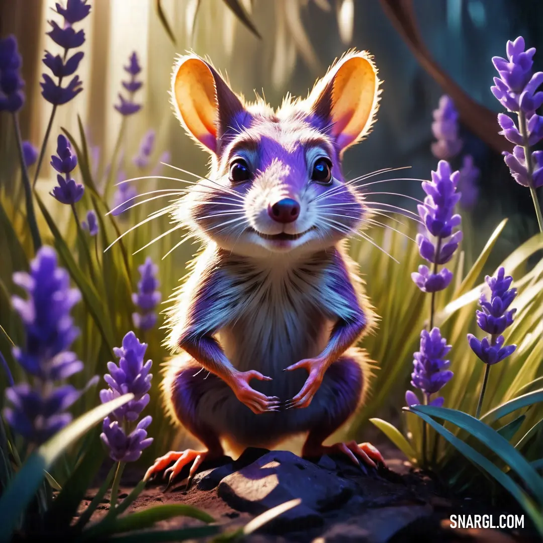 A delicate painting captures a small mouse wandering through a lush lavender field, surrounded by a peaceful forest, where the soft colors evoke a sense of calm and natural beauty.
