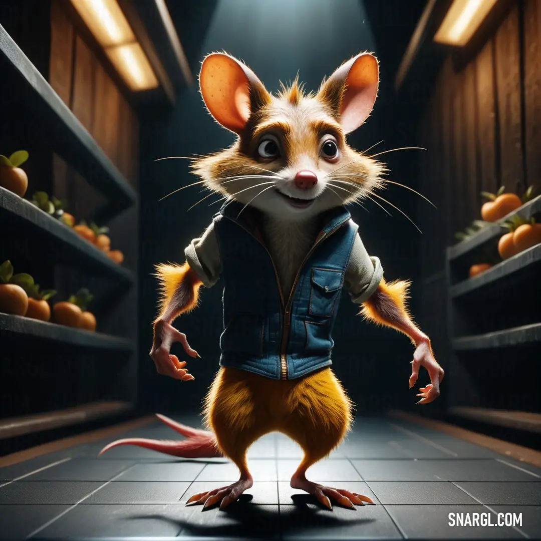 A charming bandicoot dressed in a snug vest stands in a cozy room, surrounded by shelves overflowing with ripe oranges, creating a quirky and homely atmosphere.