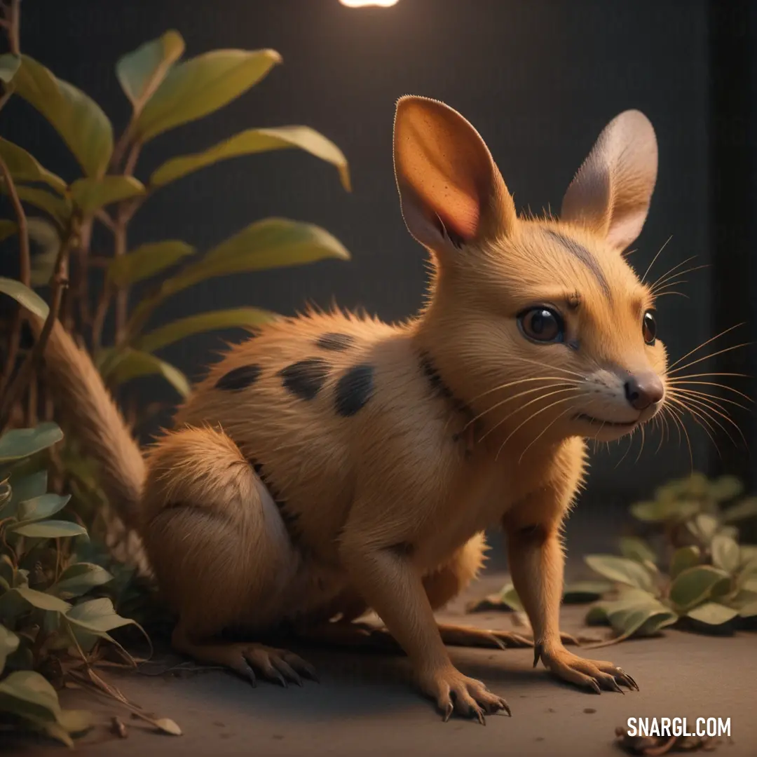 A small bandicoot with distinctive spots on its face and tail, curiously exploring a lush area filled with vibrant green leaves and a glowing light bulb casting soft light through the foliage.
