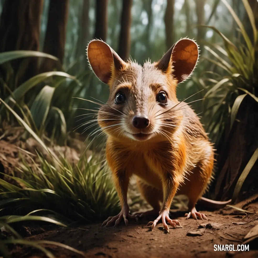 A tiny mouse standing on a dirt road that winds through a forest, with tall grass and thick trees towering in the background. The mouse’s small size contrasts beautifully with the vast wilderness around it.