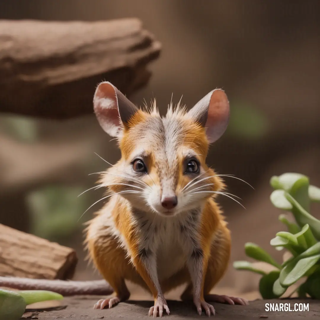 A small rodent standing on a rock, surrounded by lush greenery, with a tree branch bearing vibrant leaves nearby. The peaceful scene contrasts the rodent’s cautious stance as it takes in its surroundings.