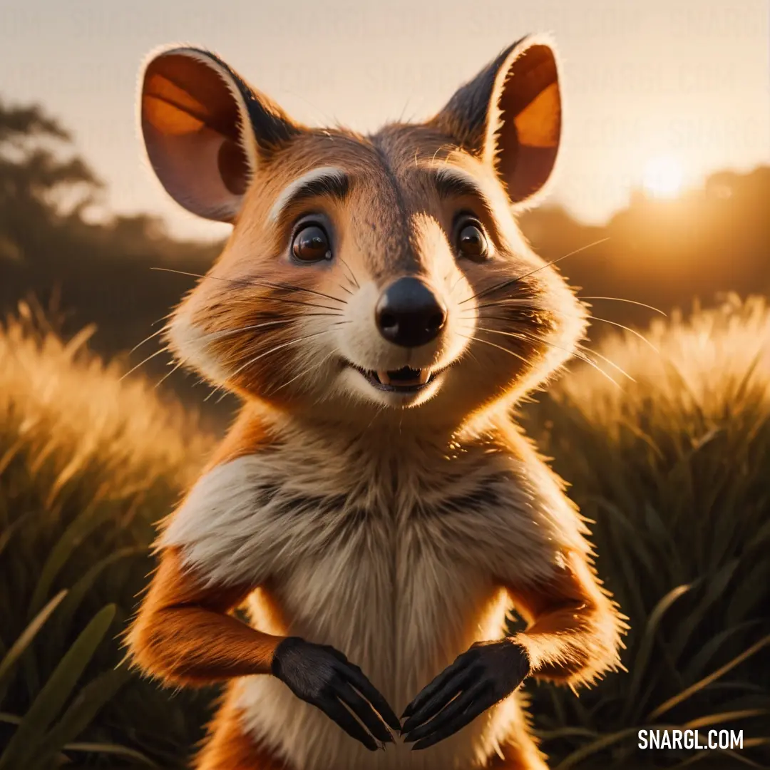Bandicota is standing in a field of grass with his hands on his hips and looking up at the camera