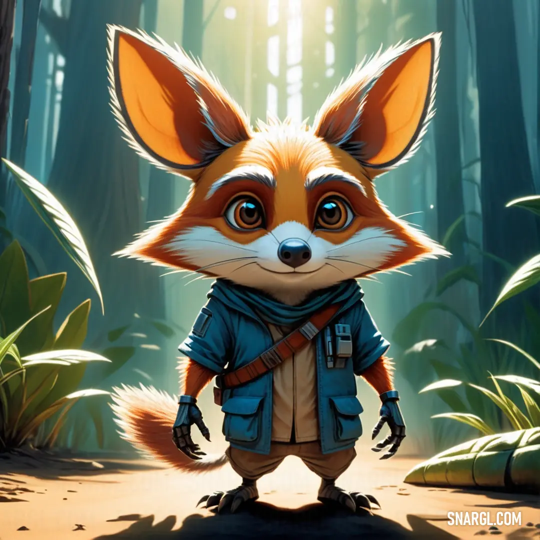 Cartoon fox with a backpack in a forest with trees and grass