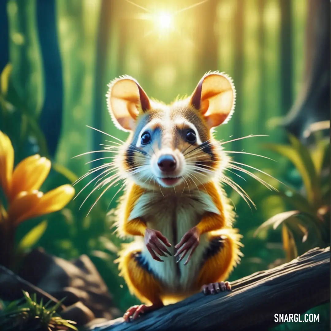 Mouse on a log in a forest with sun shining through the trees and flowers behind it