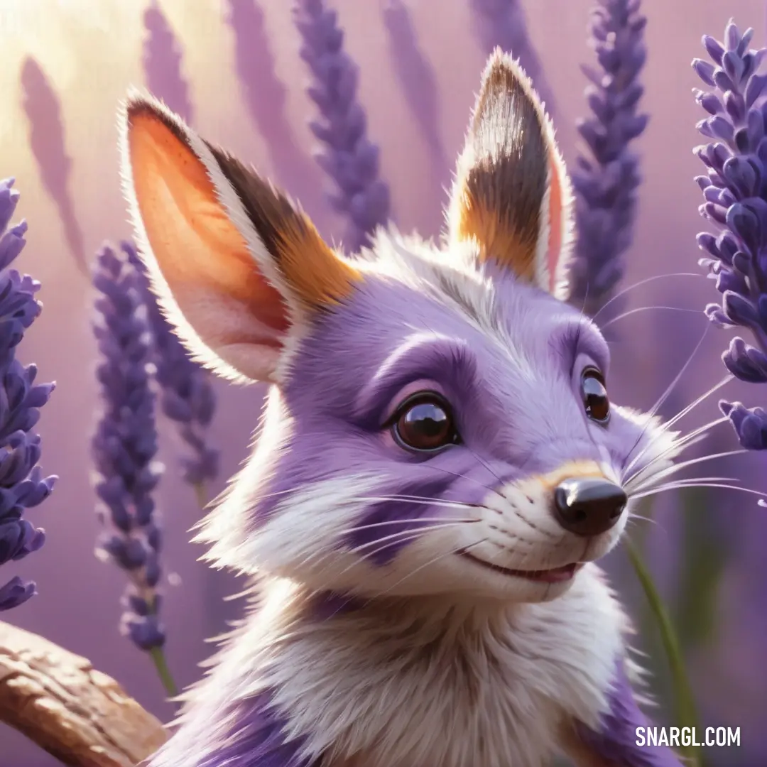 Purple fox is standing in a field of lavender flowers and looking at the camera with a smile on its face