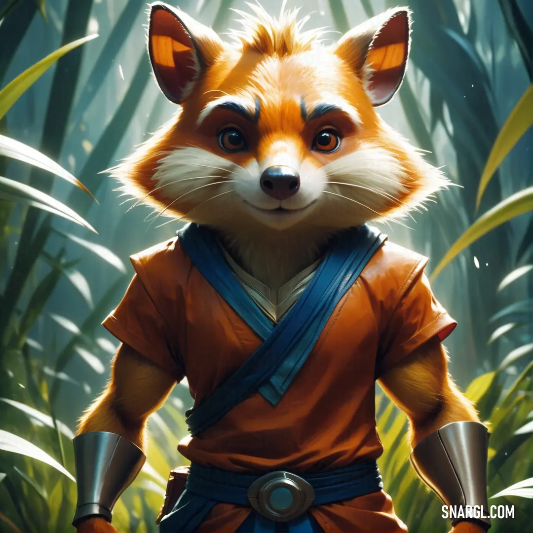 Red panda with a blue belt and a brown outfit and a green background