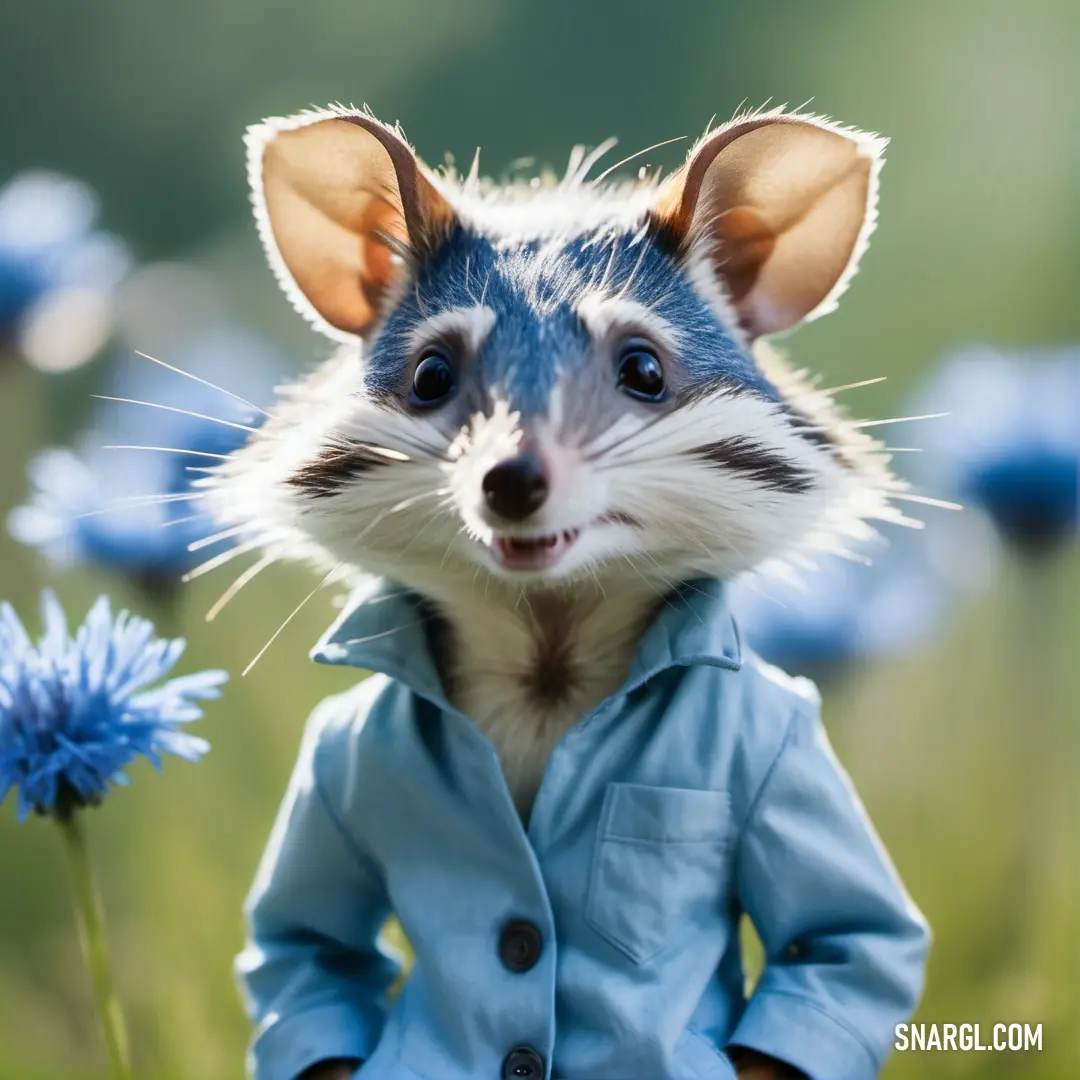 Small Bandicota dressed in a blue coat and jeans standing in a field of flowers with its eyes closed