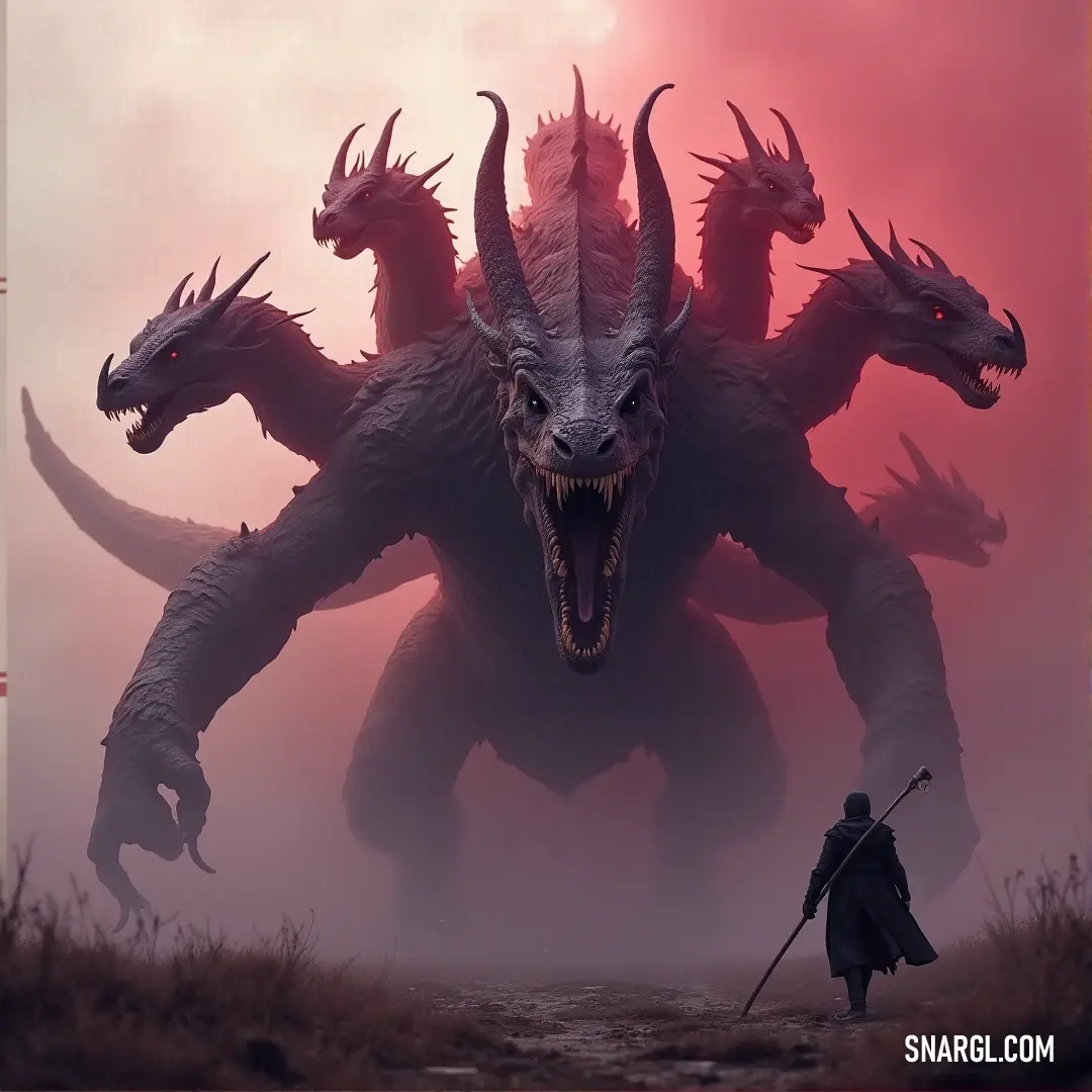 A fearsome Bane Hydra stands beside a towering, horned monster, the two creatures radiating menace. The Hydra’s many heads hiss, while the giant warrior brandishes a sword, ready for battle.