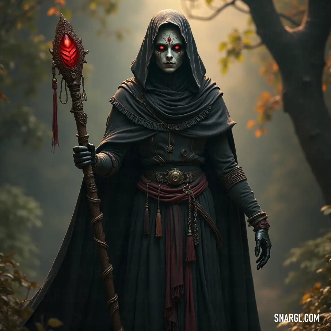A Banshee in a vibrant hooded outfit stands in a lush forest, holding a gleaming staff among the trees. Emerging from a vibrant forest, a Banshee clad in a striking hooded outfit grips a gleaming staff. Surrounding her is a lush canopy of green leaves and towering trees, whispering secrets of the woods.