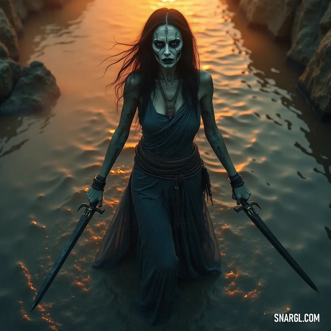 Fierce Banshee Queen wielding swords by the water The Banshee Queen, strikingly adorned and wielding dual swords, confidently stands in the water, the sunlight illuminating her elaborate makeup and fierce expression, merging beauty with a fierce warrior spirit.