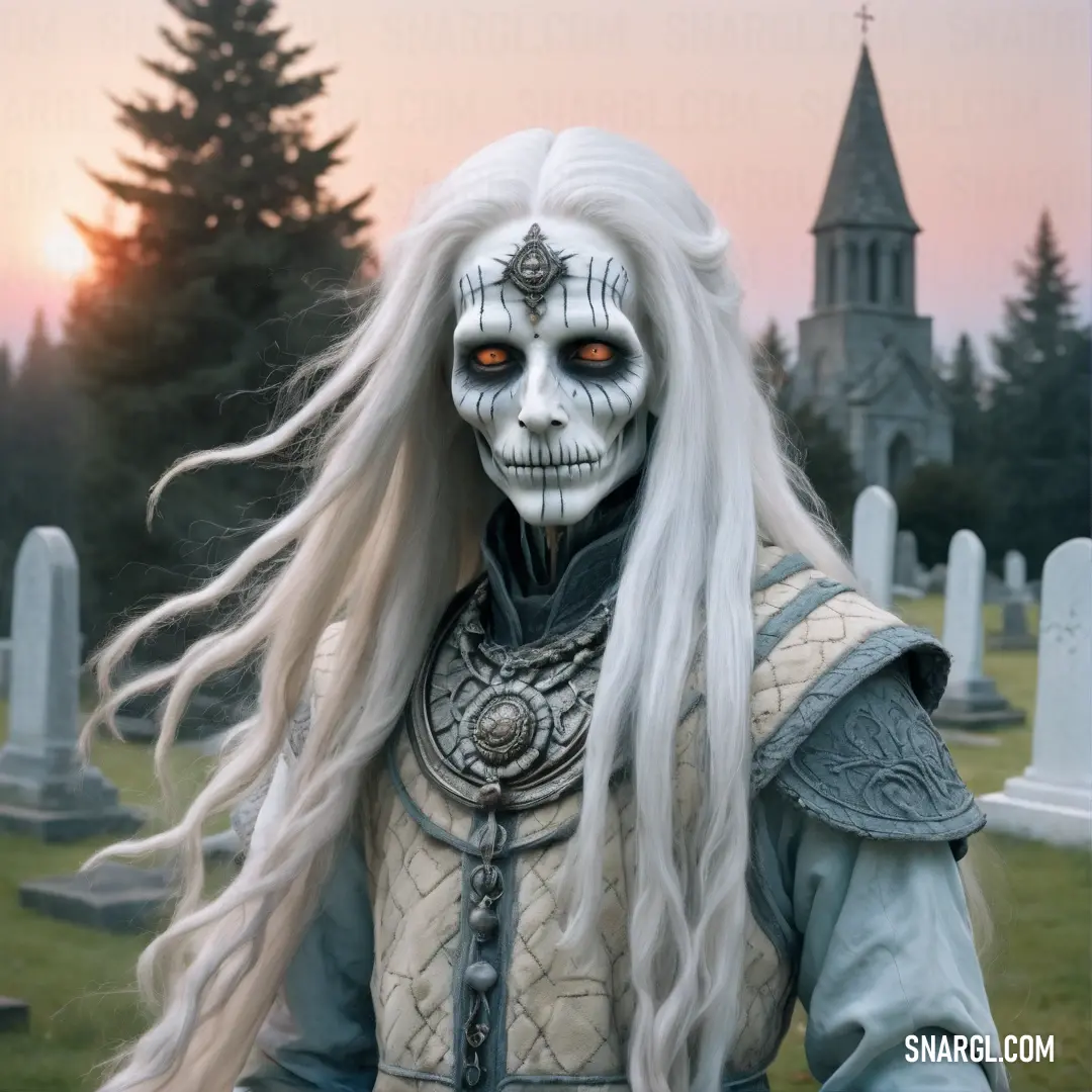 Banshee with long white hair and a white face makeup is standing in a cemetery with a cross in the background