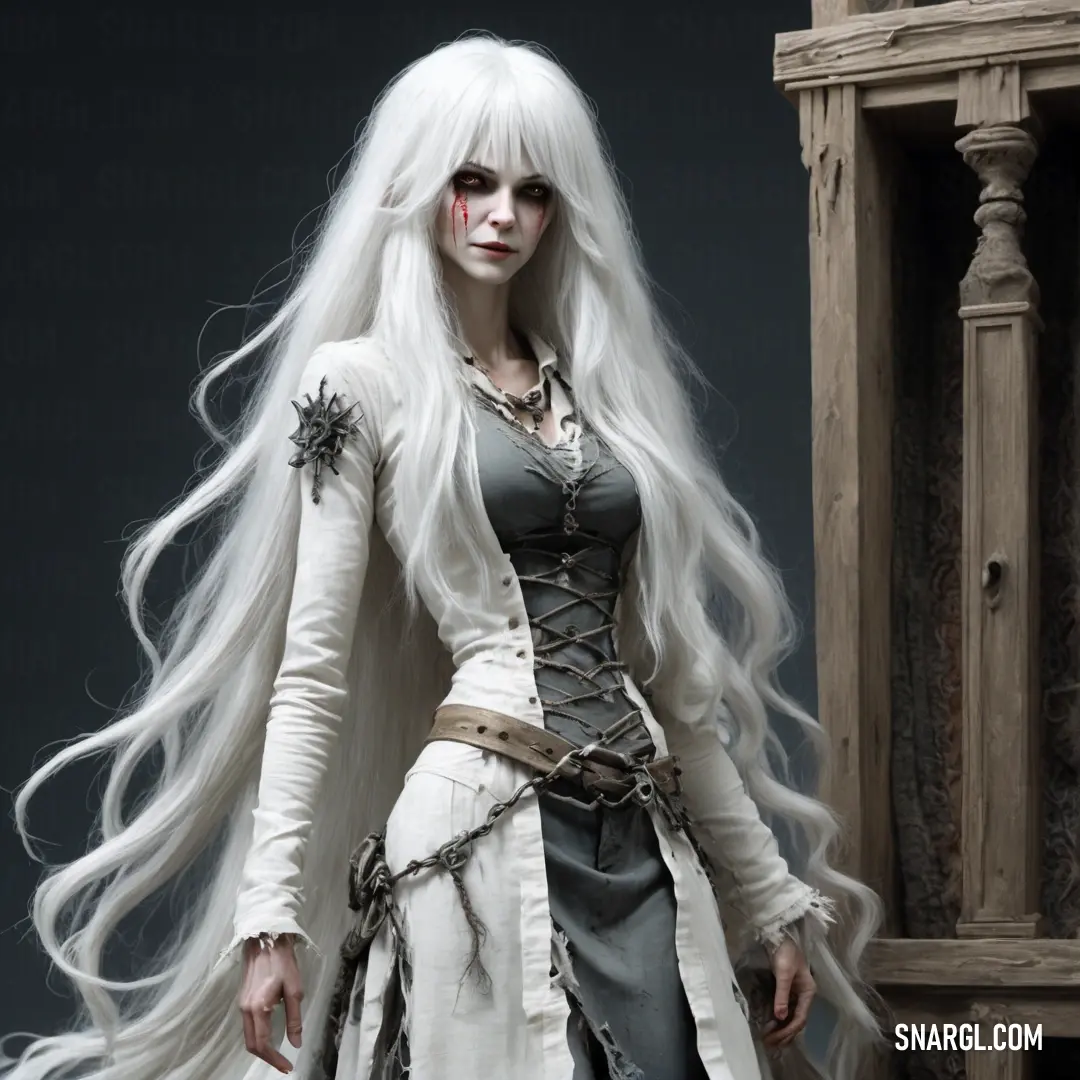 Banshee dressed in white with long white hair and a white wig and a white dress